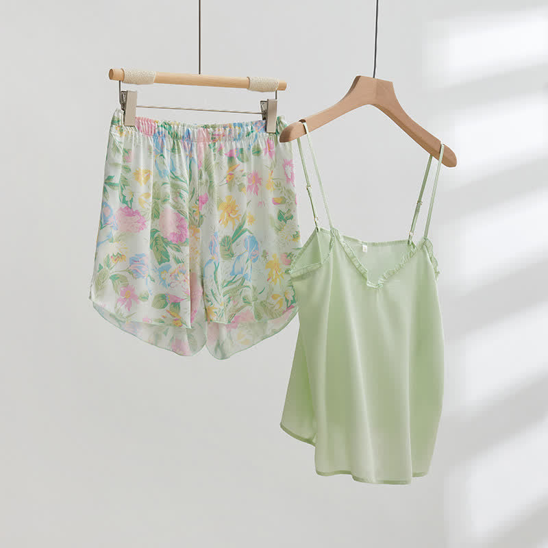 Ensemble de détente Ownkoti : débardeur à volants en satin menthe et short fleuri - image 1