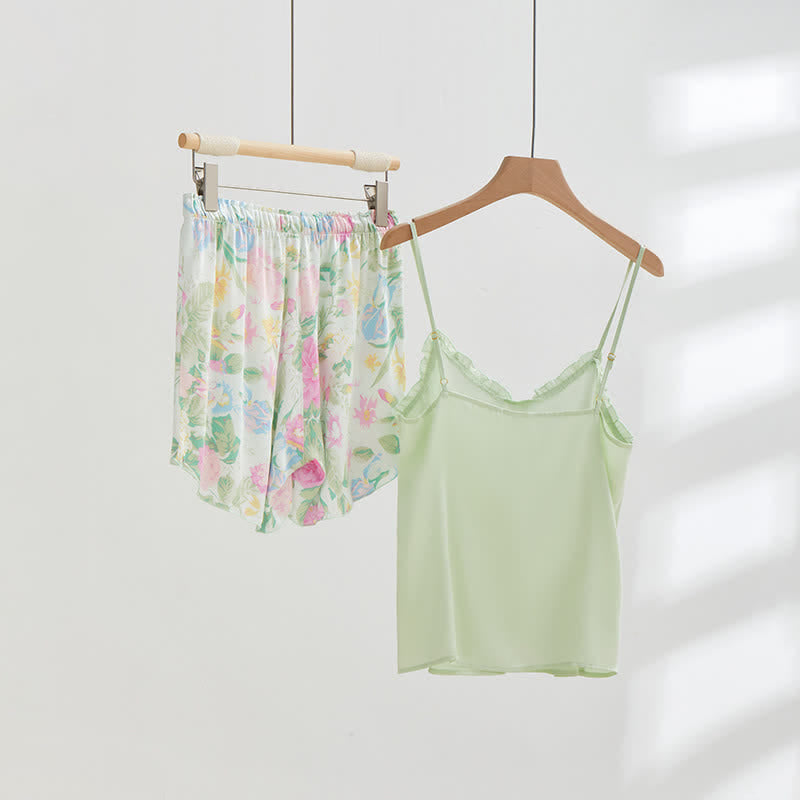 Ensemble de détente Ownkoti : débardeur à volants en satin menthe et short fleuri - image 2