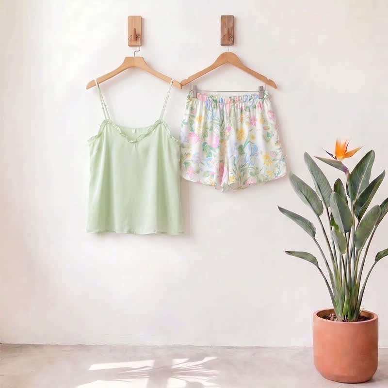 Ensemble de détente Ownkoti : débardeur à volants en satin menthe et short fleuri - Melon miellat - XL - image 0
