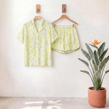 Ensemble pyjama à manches courtes en satin imprimé jonquille Ownkoti - Melon miellat - XL - image 0