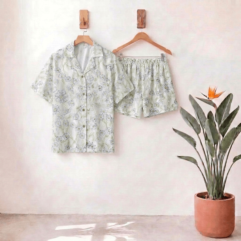 Ensemble short et chemise à boutons en satin à fleurs menthe Ownkoti - Melon miellat - L - image 0