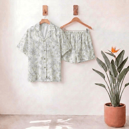 Ensemble short et chemise à boutons en satin à fleurs menthe Ownkoti - Melon miellat - L - image 0