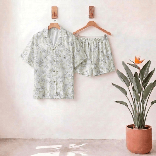 Ensemble short et chemise à boutons en satin à fleurs menthe Ownkoti - Melon miellat - L - image 0