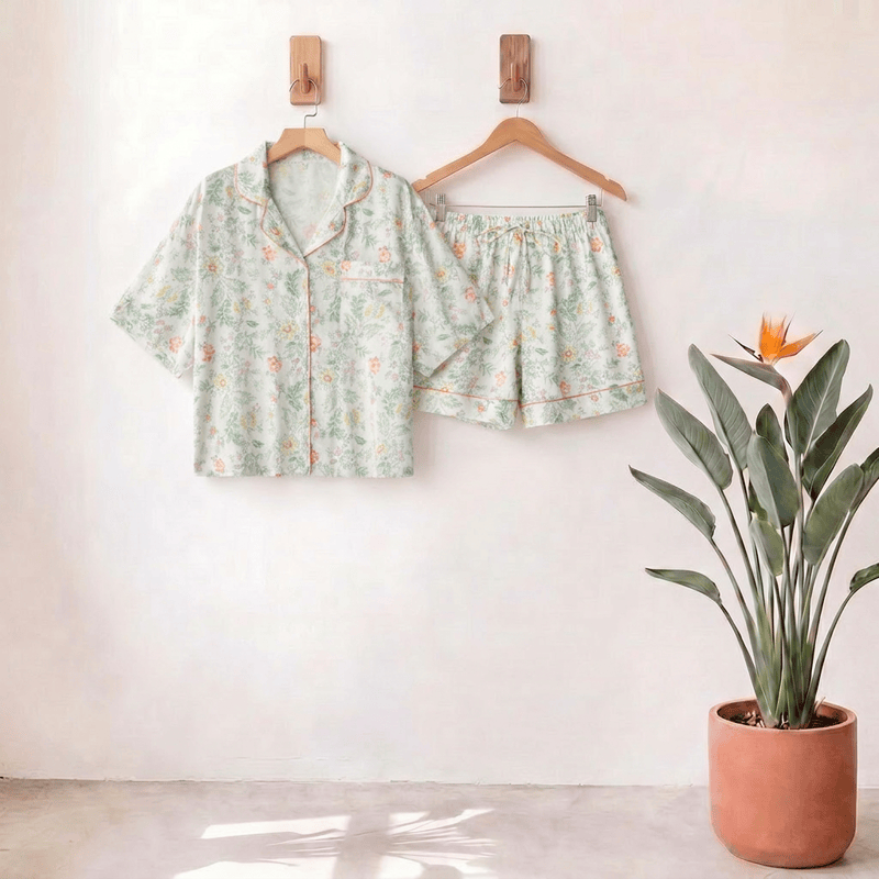 Ensemble pyjama court en satin à motif floral français Ownkoti pour les nuits d'été - Cyan clair - 4XL - image 0