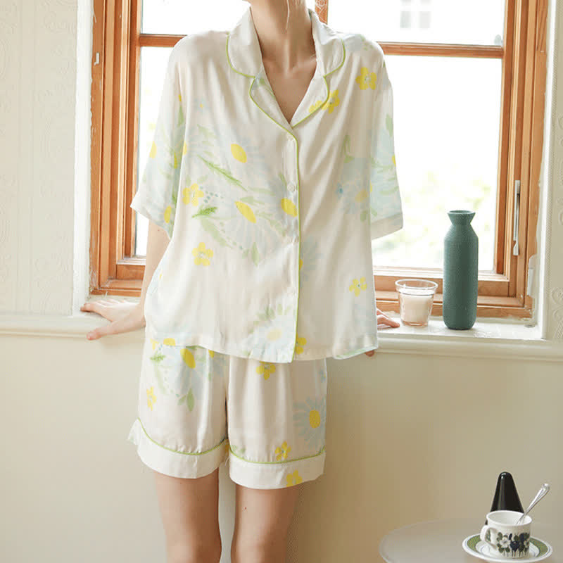 Ensemble pyjama court Ownkoti Tournesol Menthe Bordure contrastée - image 3