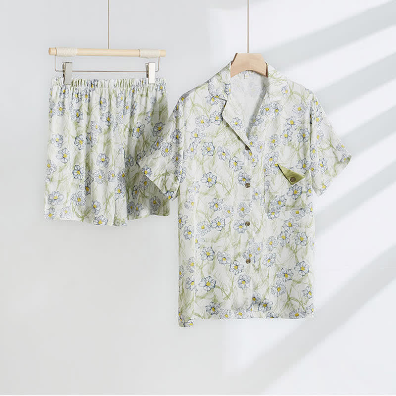 Ensemble short et chemise à boutons en satin à fleurs menthe Ownkoti - image 1