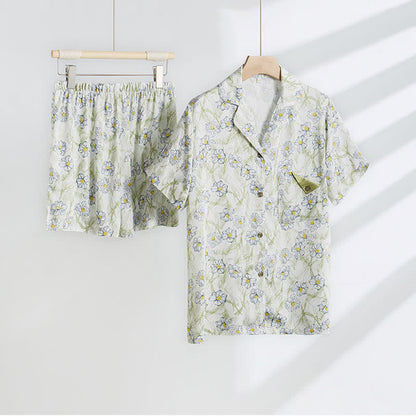Ensemble short et chemise à boutons en satin à fleurs menthe Ownkoti - image 1
