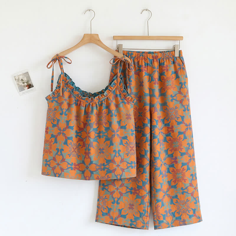 Ensemble pyjama à bretelles à fleurs bohèmes Ownkoti - Orange et bleu - XL - image 0