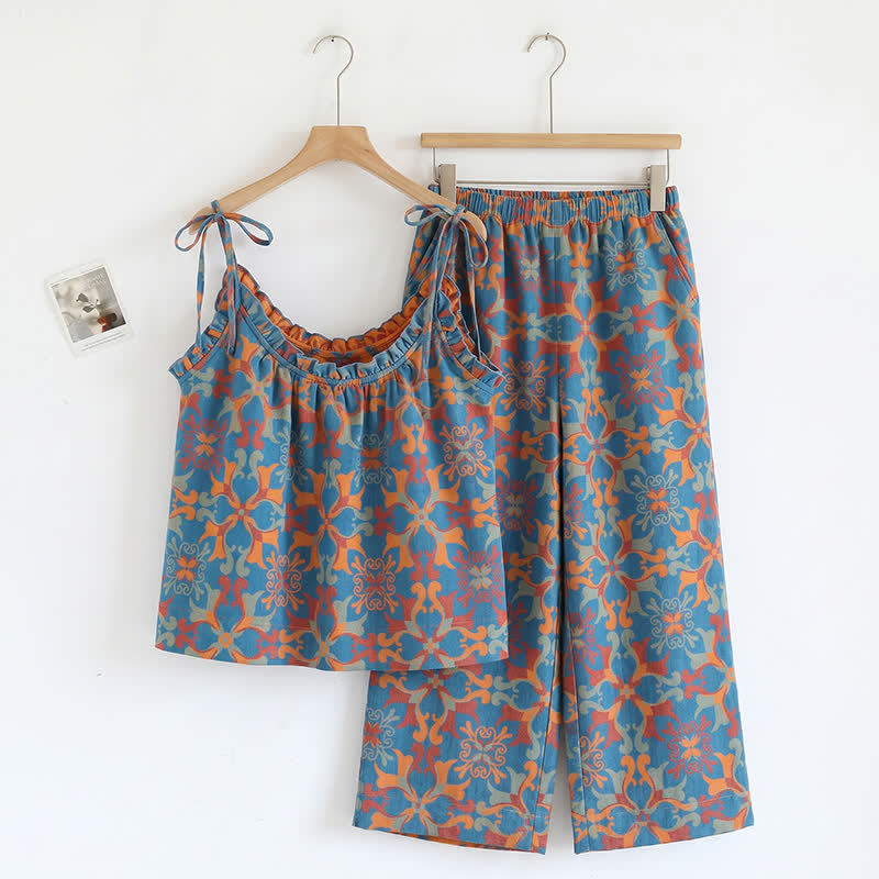 Ensemble pyjama à bretelles à fleurs bohèmes Ownkoti - Bleu et orange - XL - image 4