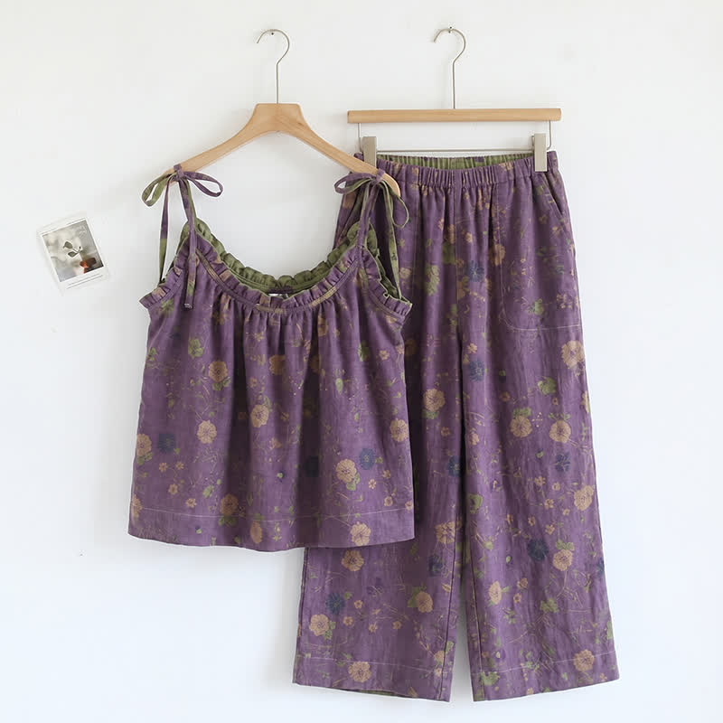 Ensemble pyjama Ownkoti vintage à fleurs (débardeur et pantalon) - Violet et vert - XL - image 0