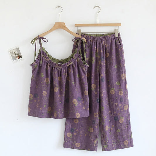 Ensemble pyjama Ownkoti vintage à fleurs (débardeur et pantalon) - Violet et vert - XL - image 0