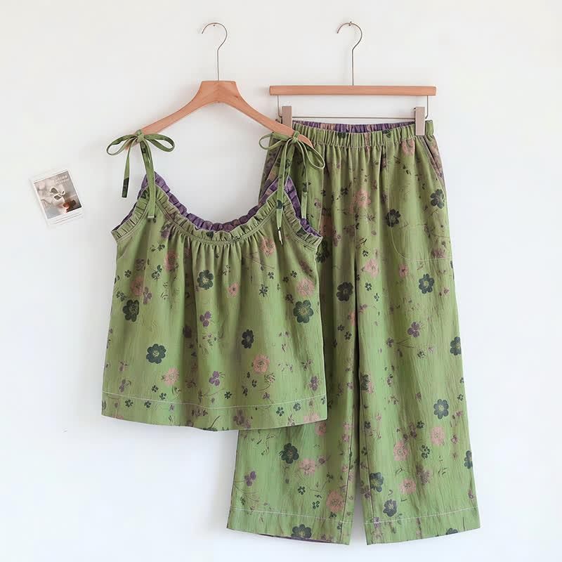 Ensemble pyjama Ownkoti vintage à fleurs (débardeur et pantalon) - Vert et violet - XL - image 4