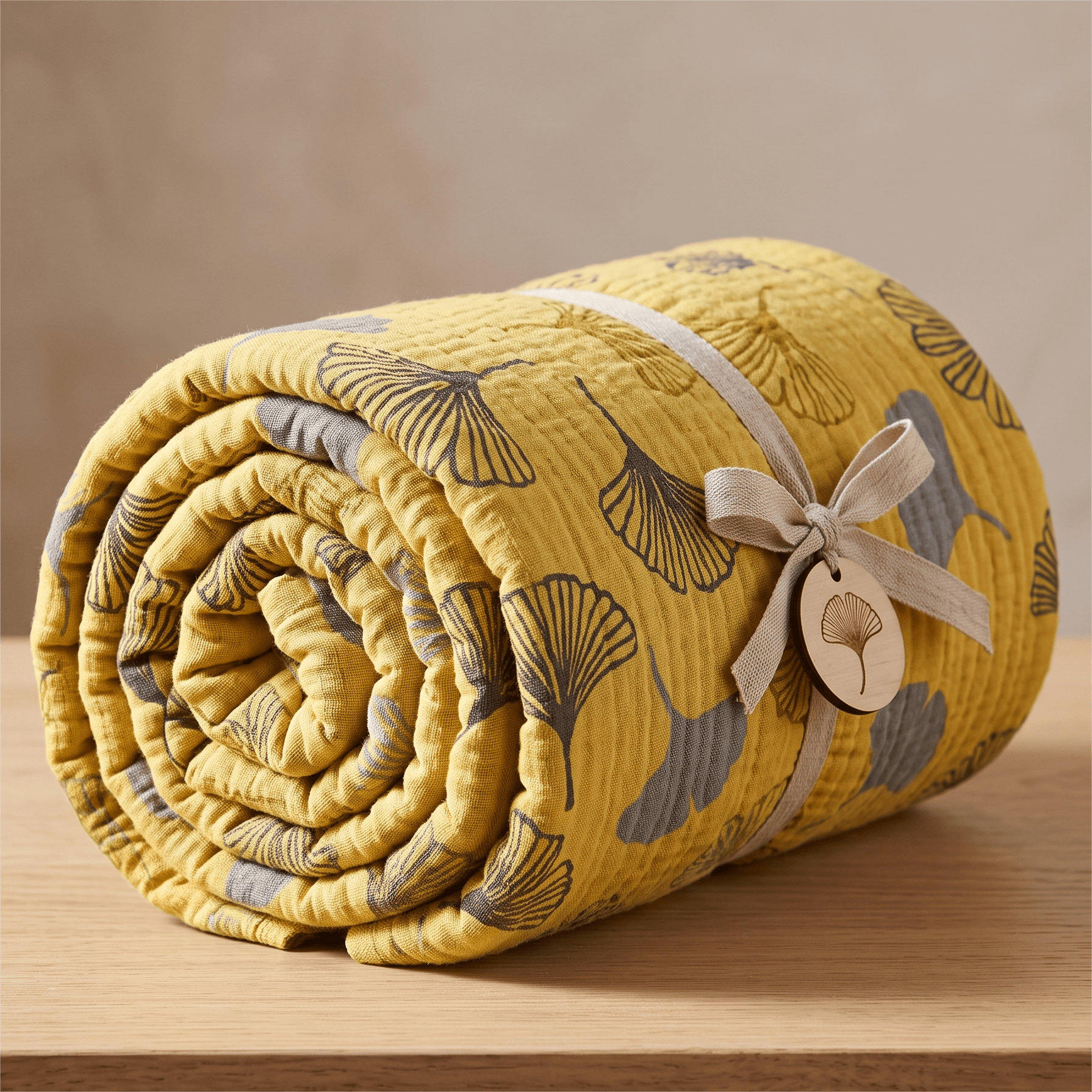 Couverture matelassée en coton Ownkoti moutarde et ginkgo - Jaune - 91 po L x 91 po l - image 0