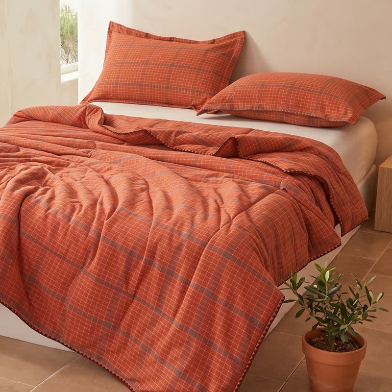 Couette d'été en coton à carreaux orange teints au fil Ownkoti - Orange - Couvertures - Roi - image 0