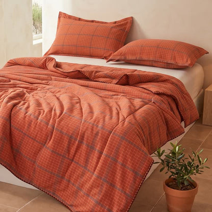 Couette d'été en coton à carreaux orange teints au fil Ownkoti - Orange - Couvertures - Roi - image 0