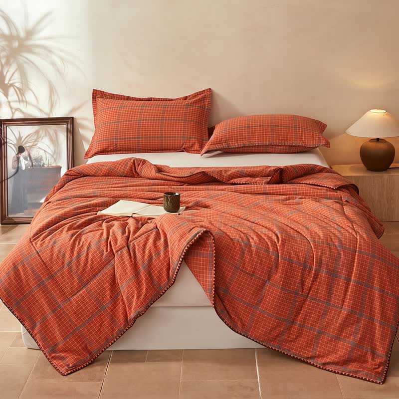 Couette d'été en coton à carreaux orange teints au fil Ownkoti - image 1