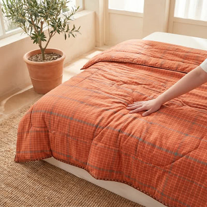 Couette d'été en coton à carreaux orange teints au fil Ownkoti - image 3