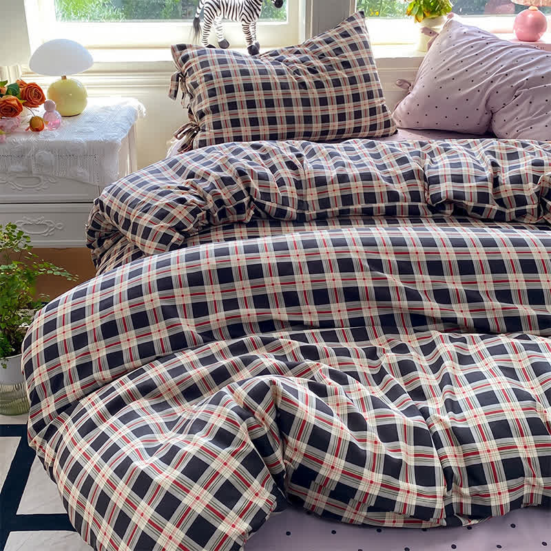 Ensemble de literie Ownkoti Heritage Plaid rouge et marine en coton lavé - Bleu marine - Roi - Ensemble de literie - image 0