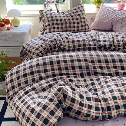Ensemble de literie Ownkoti Heritage Plaid rouge et marine en coton lavé - Bleu marine - Roi - Ensemble de literie - image 0