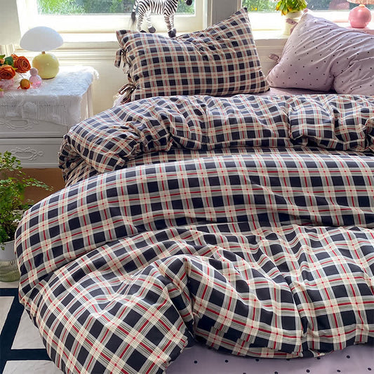 Ensemble de literie Ownkoti Heritage Plaid rouge et marine en coton lavé - Bleu marine - Roi - Ensemble de literie - image 0