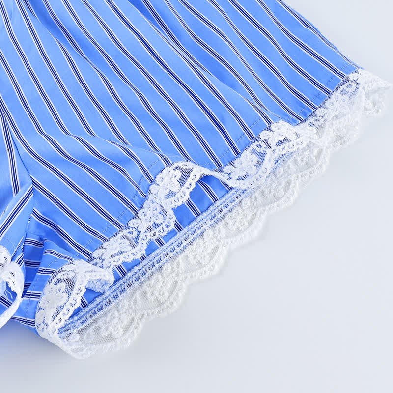 Ensemble de détente Ownkoti : débardeur et short en coton à rayures bleues et dentelle. - image 5