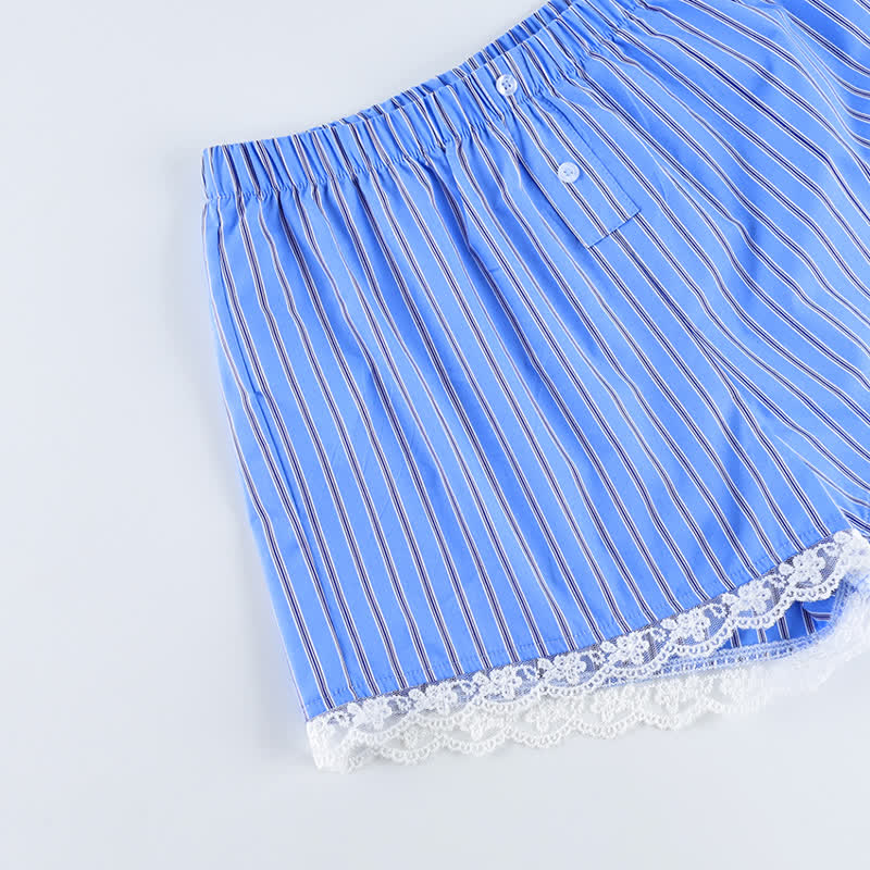 Ensemble de détente Ownkoti : débardeur et short en coton à rayures bleues et dentelle. - image 4