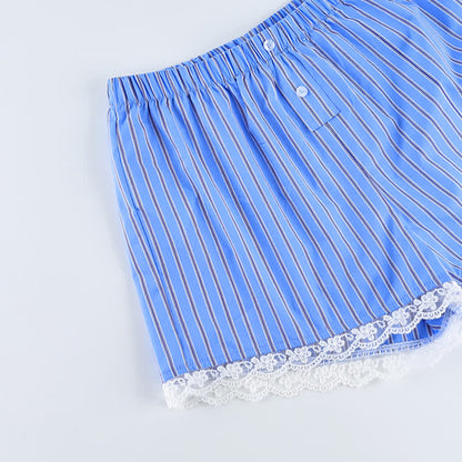 Ensemble de détente Ownkoti : débardeur et short en coton à rayures bleues et dentelle. - image 4