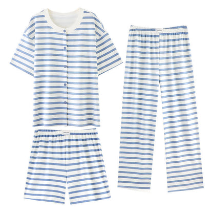 Ensemble de vêtements d'intérieur 3 pièces en coton à rayures bleues Ownkoti - Rayures bleues - XXL - Bouton plein - image 1