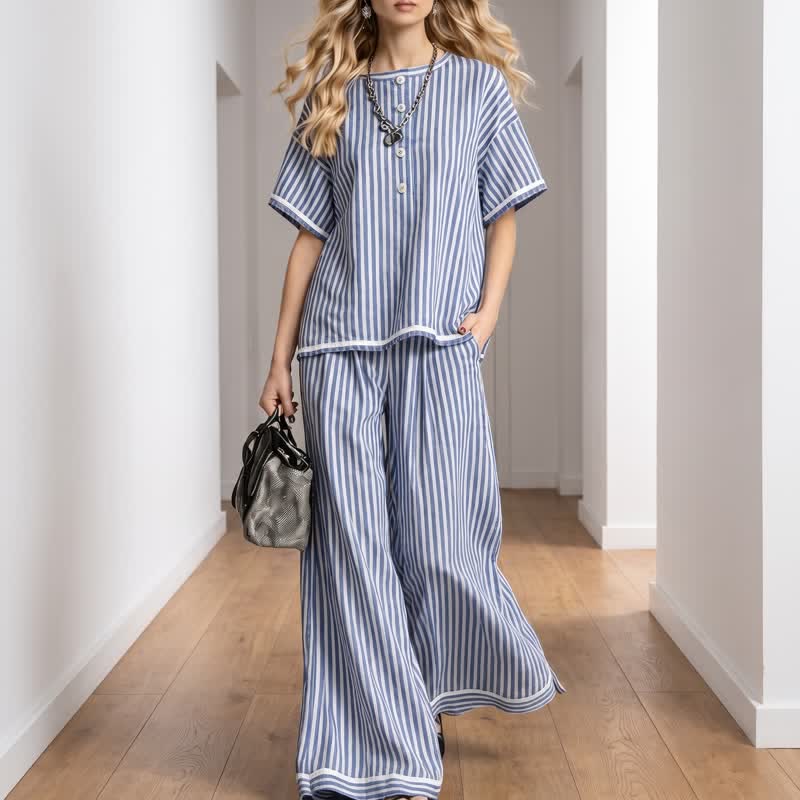 Ensemble de détente deux pièces à rayures côtières Ownkoti - Bleu - XXL - image 0