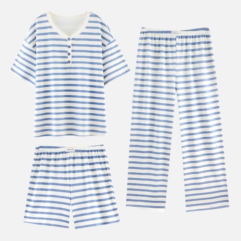 Ensemble de vêtements d'intérieur 3 pièces en coton à rayures bleues Ownkoti - Rayures bleues - XXL - Bouton Henley - image 5