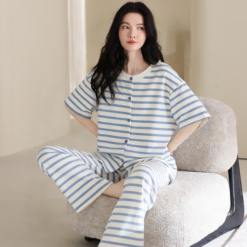 Ensemble de vêtements d'intérieur 3 pièces en coton à rayures bleues Ownkoti - image 4