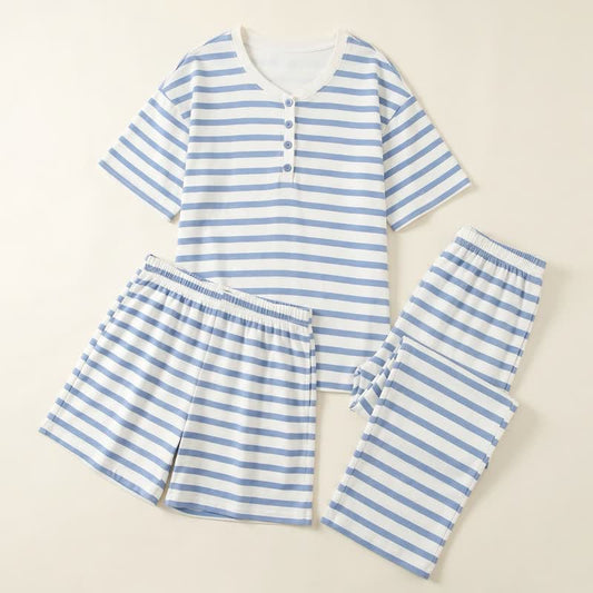Ensemble de vêtements d'intérieur 3 pièces en coton à rayures bleues Ownkoti - image 0