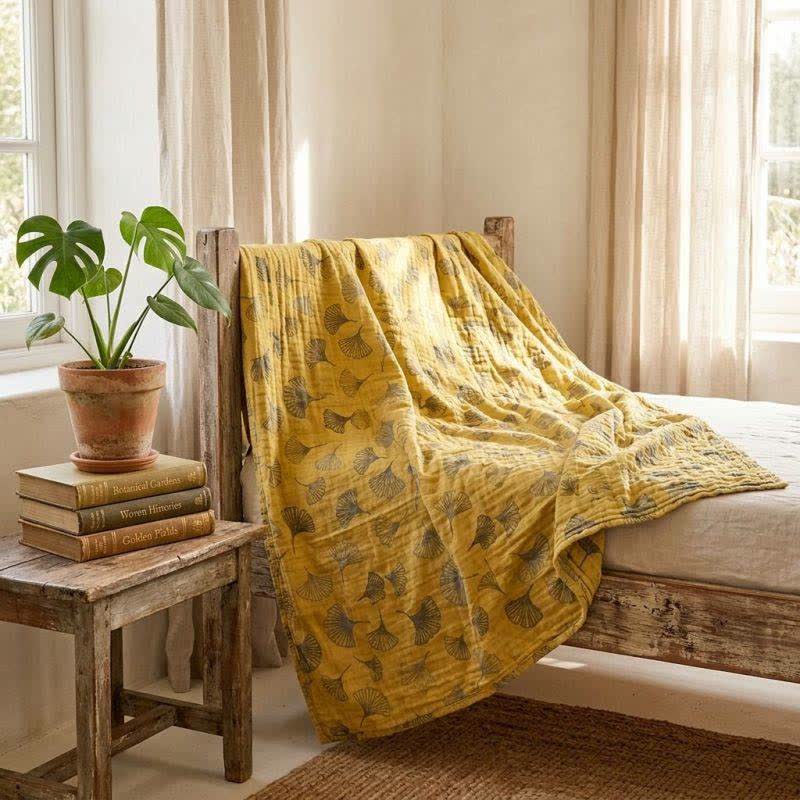 Couverture matelassée en coton Ownkoti moutarde et ginkgo - image 2