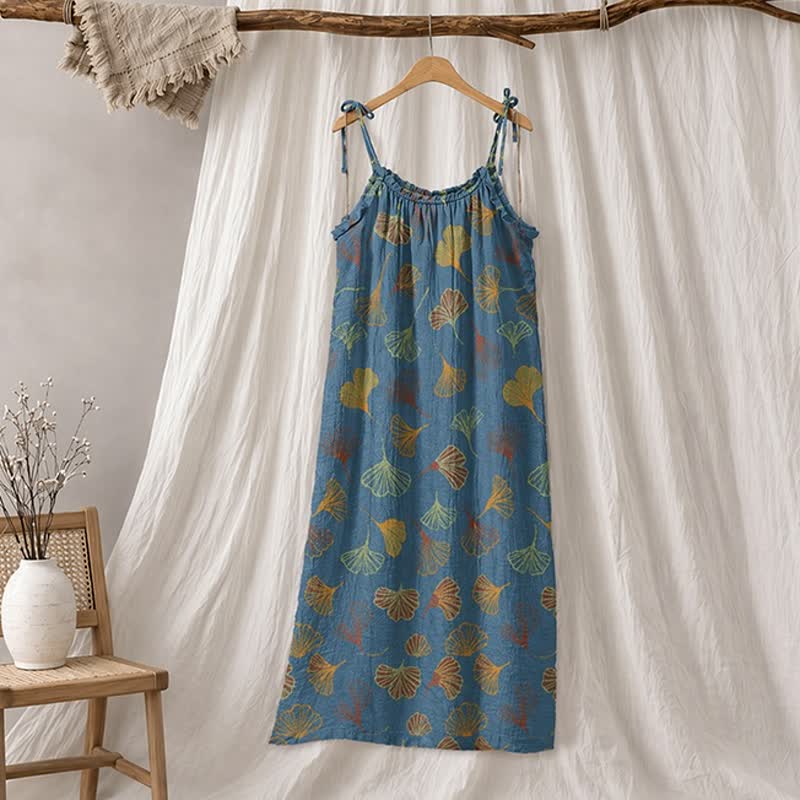 Robe midi d'intérieur à bretelles et motif feuille de ginkgo Ownkoti - Bleu et orange - XL - image 0