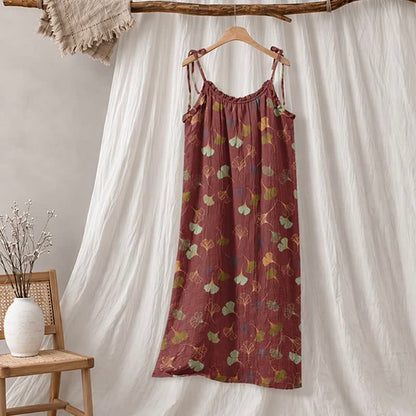 Robe midi d'intérieur à bretelles et motif feuille de ginkgo Ownkoti - Camel et vert - XL - image 45