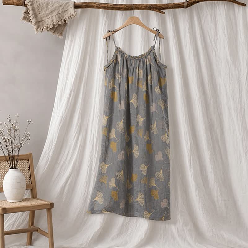 Robe midi d'intérieur à bretelles et motif feuille de ginkgo Ownkoti - Gris foncé et jaune - XL - image 15