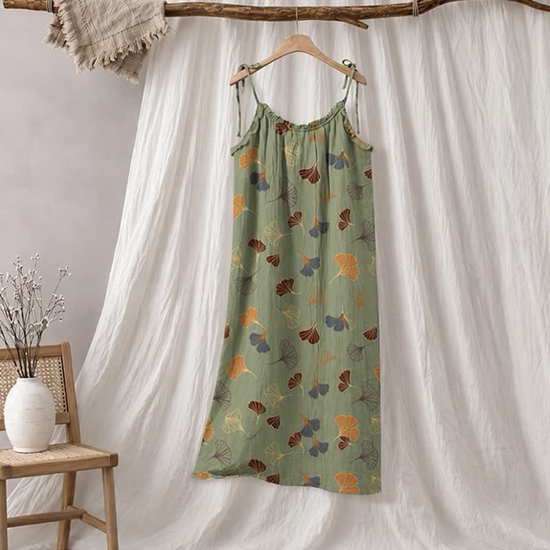 Robe midi d'intérieur à bretelles et motif feuille de ginkgo Ownkoti - Vert et Camel - XL - image 40