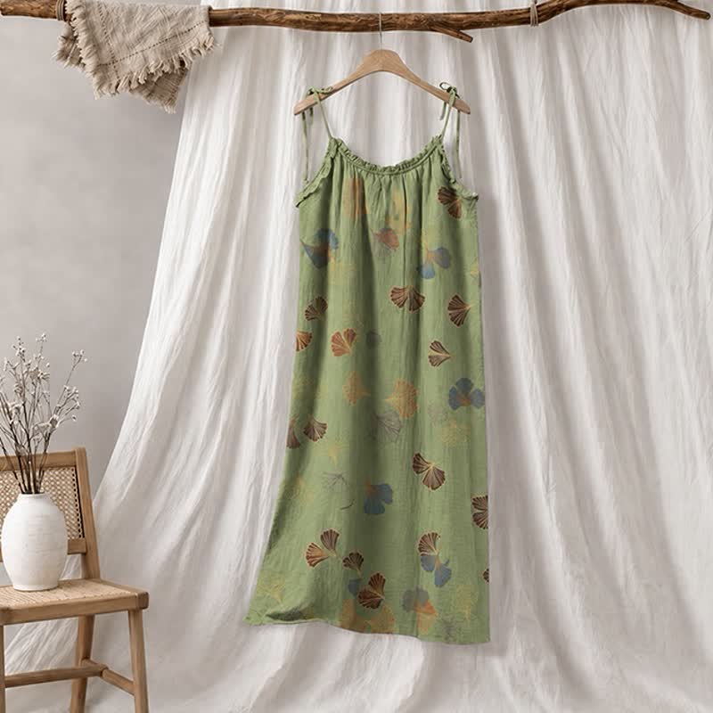 Robe midi d'intérieur à bretelles et motif feuille de ginkgo Ownkoti - Vert et rouge - XL - image 35