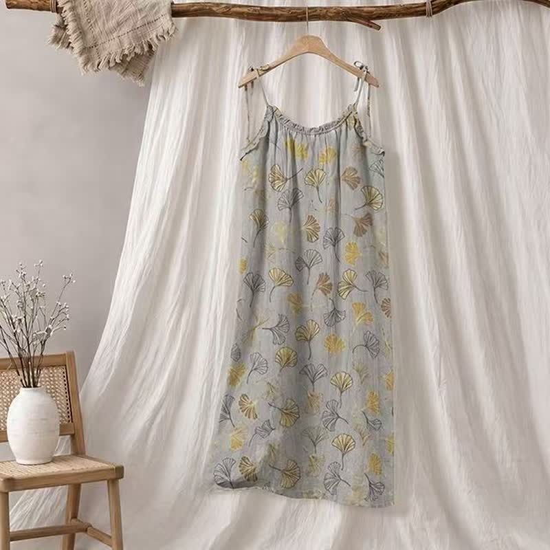 Robe midi d'intérieur à bretelles et motif feuille de ginkgo Ownkoti - Gris clair et jaune foncé - XL - image 25