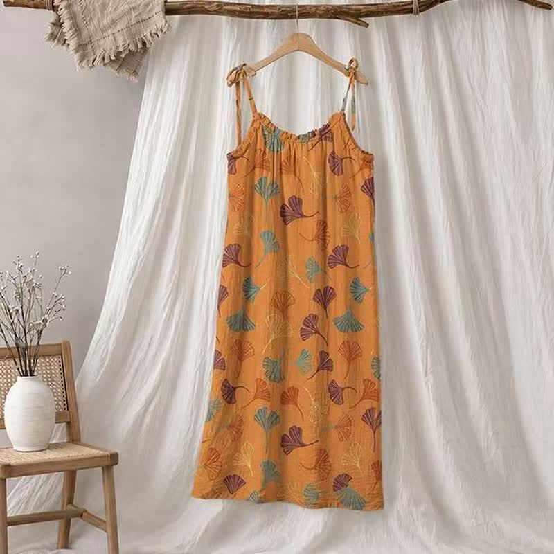 Robe midi d'intérieur à bretelles et motif feuille de ginkgo Ownkoti - Orange et bleu - XL - image 5