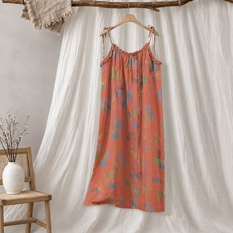Robe midi d'intérieur à bretelles et motif feuille de ginkgo Ownkoti - Rouge et vert - XL - image 30