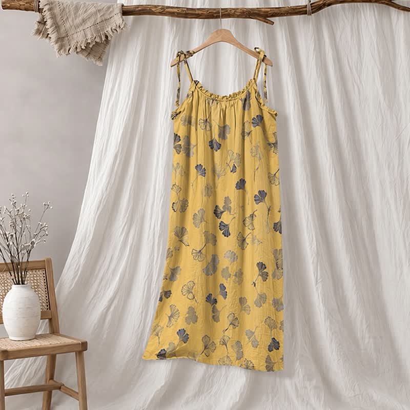 Robe midi d'intérieur à bretelles et motif feuille de ginkgo Ownkoti - Jaune et gris foncé - XL - image 10