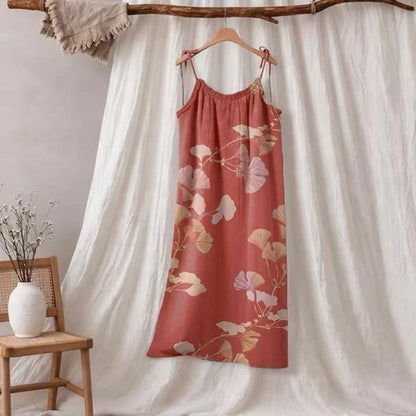 Robe longue de détente à bretelles et motif feuille de ginkgo Ownkoti - Rouge et nude - XL - image 10