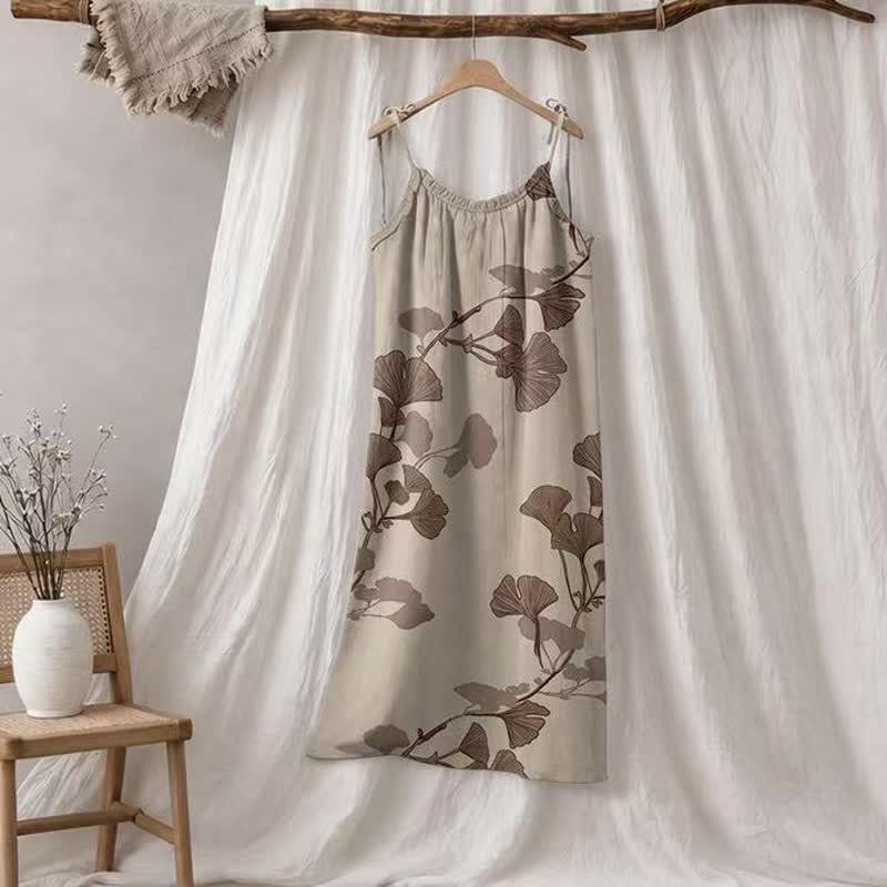 Robe longue de détente à bretelles et motif feuille de ginkgo Ownkoti - Beige et café - XL - image 20