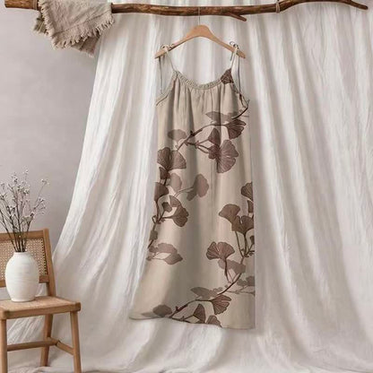 Robe longue de détente à bretelles et motif feuille de ginkgo Ownkoti - Beige et café - XL - image 20