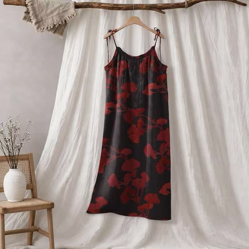 Robe longue de détente à bretelles et motif feuille de ginkgo Ownkoti - Noir et rouge - XL - image 30