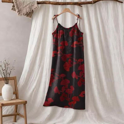 Robe longue de détente à bretelles et motif feuille de ginkgo Ownkoti - Noir et rouge - XL - image 30