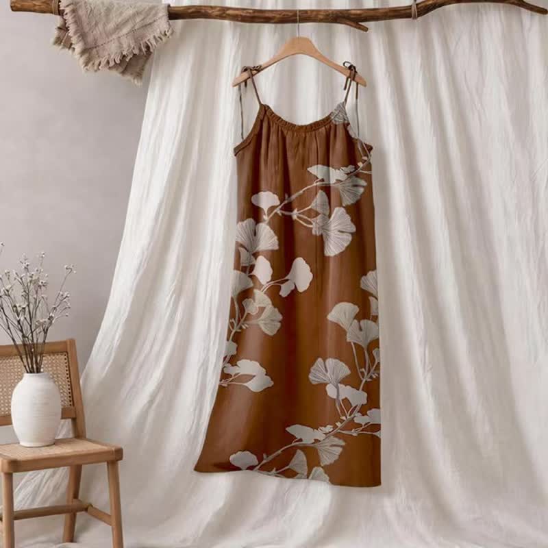 Robe longue de détente à bretelles et motif feuille de ginkgo Ownkoti - Café et beige - XL - image 25
