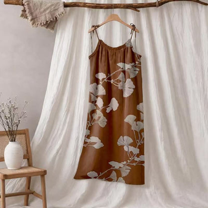 Robe longue de détente à bretelles et motif feuille de ginkgo Ownkoti - Café et beige - XL - image 25