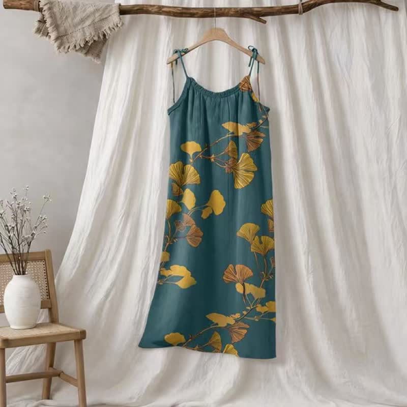 Robe longue de détente à bretelles et motif feuille de ginkgo Ownkoti - Vert et orange - XL - image 40